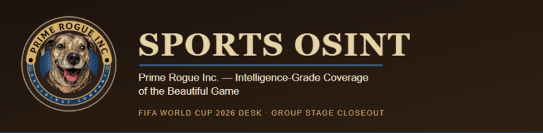 Prime Rogue Inc. Sports OSINT banner with circular dog logo, gold and navy on dark brown, reading 'Sports OSINT — Prime Rogue Inc.: Intelligence-Grade Coverage of the Beautiful Game