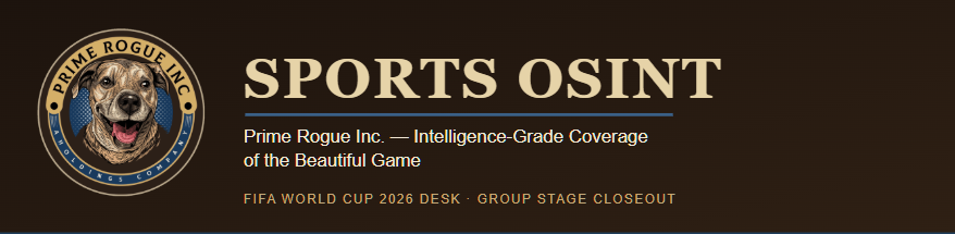 Prime Rogue Inc. Sports OSINT banner with circular dog logo, gold and navy on dark brown, reading 'Sports OSINT — Prime Rogue Inc.: Intelligence-Grade Coverage of the Beautiful Game