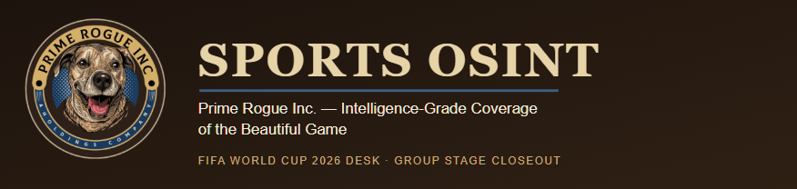 Prime Rogue Inc. Sports OSINT banner with circular dog logo, gold and navy on dark brown, reading 'Sports OSINT — Prime Rogue Inc.: Intelligence-Grade Coverage of the Beautiful Game
