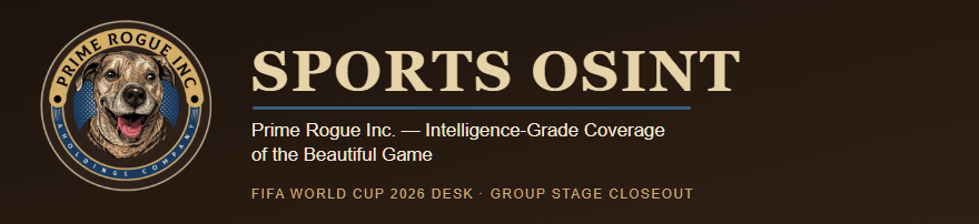 Prime Rogue Inc. Sports OSINT banner with circular dog logo, gold and navy on dark brown, reading 'Sports OSINT — Prime Rogue Inc.: Intelligence-Grade Coverage of the Beautiful Game