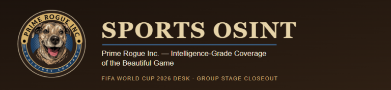 "Prime Rogue Inc. Sports OSINT banner with circular dog logo, gold and navy on dark brown, reading 'Sports OSINT — Prime Rogue Inc.: Intelligence-Grade Coverage of the Beautiful Game