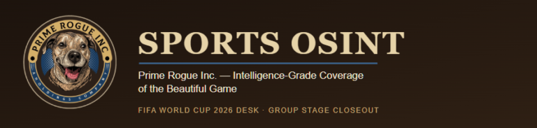 Prime Rogue Inc. Sports OSINT banner with circular dog logo, gold and navy on dark brown, reading 'Sports OSINT — Prime Rogue Inc.: Intelligence-Grade Coverage of the Beautiful Game