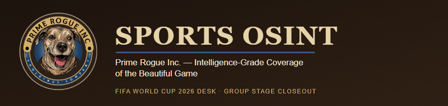 Prime Rogue Inc. Sports OSINT banner with circular dog logo, gold and navy on dark brown, reading 'Sports OSINT — Prime Rogue Inc.: Intelligence-Grade Coverage of the Beautiful Game