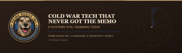 Dark brown banner graphic for "Cold War Tech That Never Got the Memo: 8 Systems Still Running Today," featuring the Prime Rogue Inc. circular logo — a smiling brindle dog encircled by tan and navy bands reading "Prime Rogue Inc." and "A Holdings Company" — beside the title, the subtitle "8 Systems Still Running Today," and the label "Prime Rogue Inc. // Hardware & Tradecraft Series." A faint radar-screen motif — concentric rings, crosshairs, and a rotating sweep wedge — sits on the right side of the banner, echoing the surveillance and tracking systems covered in the article.
