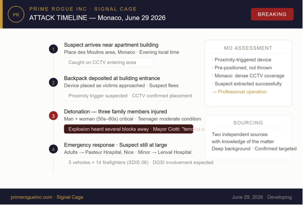 Prime Rogue Inc. Signal Cage infographic showing four-step timeline of the Monaco backpack bombing, June 29 2026. Step 1: suspect arrives near Place des Moulins apartment building, caught on CCTV. Step 2: backpack deposited at building entrance as victims approached, suspect flees. Step 3: detonation — three family members injured, two critically, described by Nice mayor Éric Ciotti as a terrorist act. Step 4: emergency response, adults transported to Pasteur Hospital Nice, minor to Lenval Hospital, suspect remains at large. MO assessment sidebar notes proximity-triggered device, professional extraction, and DGSI involvement expected.
