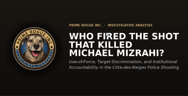 Prime Rogue Inc. investigative analysis header featuring the company's dog logo beside the headline 'Who Fired the Shot That Killed Michael Mizrahi? Use-of-Force, Target Discrimination, and Institutional Accountability in the Côte-des-Neiges Police Shooting.