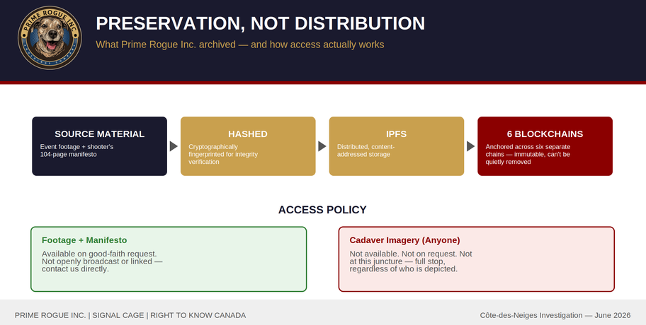 Flow diagram infographic titled "Preservation, Not Distribution" showing four sequential steps: source material consisting of event footage and the shooter's 104-page manifesto, hashed for cryptographic integrity verification, stored on IPFS as distributed content-addressed storage, and anchored across six separate blockchains for immutability. Below, two policy boxes: a green box stating footage and manifesto are available on good-faith request and not openly broadcast or linked, and a red box stating cadaver imagery of anyone is not available, not on request, not at this juncture, full stop, regardless of who is depicted.