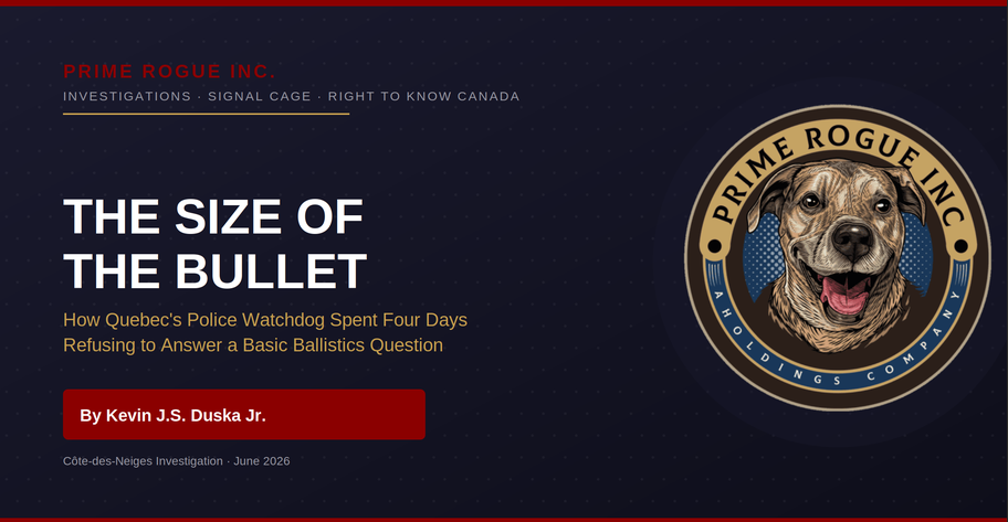 Prime Rogue Inc. header graphic for "The Size of the Bullet" investigation. Dark navy background with the Prime Rogue Inc. logo (a brindle dog) on the right. Headline reads "The Size of the Bullet," subhead reads "How Quebec's Police Watchdog Spent Four Days Refusing to Answer a Basic Ballistics Question," with a red byline plate reading "By Kevin J.S. Duska Jr." and the line "Côte-des-Neiges Investigation · June 2026."
