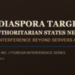 Dark brown banner graphic for "The Diaspora Target: Why Authoritarian States Never Let Go," featuring the Prime Rogue Inc. circular logo — a smiling brindle dog encircled by tan and navy bands reading "Prime Rogue Inc." and "A Holdings Company" — beside the subtitle "Foreign Interference Beyond Servers and Bots" and the label "Prime Rogue Inc. // Foreign Interference Series."