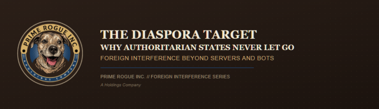 Dark brown banner graphic for "The Diaspora Target: Why Authoritarian States Never Let Go," featuring the Prime Rogue Inc. circular logo — a smiling brindle dog encircled by tan and navy bands reading "Prime Rogue Inc." and "A Holdings Company" — beside the subtitle "Foreign Interference Beyond Servers and Bots" and the label "Prime Rogue Inc. // Foreign Interference Series."