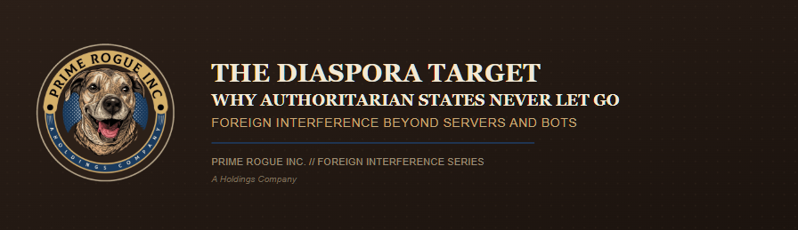 Dark brown banner graphic for "The Diaspora Target: Why Authoritarian States Never Let Go," featuring the Prime Rogue Inc. circular logo โ a smiling brindle dog encircled by tan and navy bands reading "Prime Rogue Inc." and "A Holdings Company" โ beside the subtitle "Foreign Interference Beyond Servers and Bots" and the label "Prime Rogue Inc. // Foreign Interference Series."