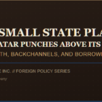 Dark brown banner graphic for "The Small State Playbook: How Qatar Punches Above Its Weight," featuring the Prime Rogue Inc. circular logo — a smiling brindle dog encircled by tan and navy bands reading "Prime Rogue Inc." and "A Holdings Company" — beside the subtitle "Gas Wealth, Backchannels, and Borrowed Leverage" and the label "Prime Rogue Inc. // Foreign Policy Series."