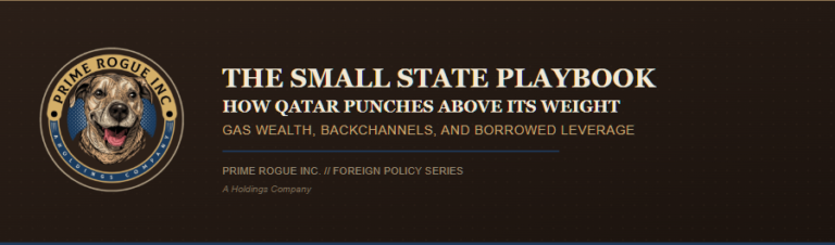 Dark brown banner graphic for "The Small State Playbook: How Qatar Punches Above Its Weight," featuring the Prime Rogue Inc. circular logo — a smiling brindle dog encircled by tan and navy bands reading "Prime Rogue Inc." and "A Holdings Company" — beside the subtitle "Gas Wealth, Backchannels, and Borrowed Leverage" and the label "Prime Rogue Inc. // Foreign Policy Series."