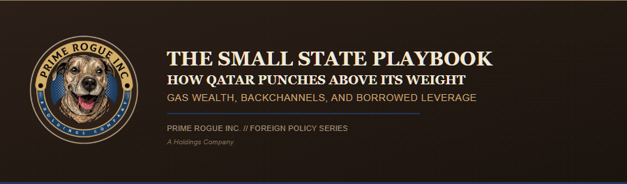 Dark brown banner graphic for "The Small State Playbook: How Qatar Punches Above Its Weight," featuring the Prime Rogue Inc. circular logo โ a smiling brindle dog encircled by tan and navy bands reading "Prime Rogue Inc." and "A Holdings Company" โ beside the subtitle "Gas Wealth, Backchannels, and Borrowed Leverage" and the label "Prime Rogue Inc. // Foreign Policy Series."