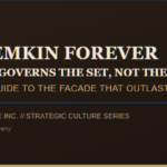 Dark brown banner graphic for "Potemkin Forever: Russia Governs the Set, Not the Show," featuring the Prime Rogue Inc. circular logo — a smiling brindle dog encircled by tan and navy bands reading "Prime Rogue Inc." and "A Holdings Company" — beside the subtitle "A Field Guide to the Facade That Outlasts Everything" and the label "Prime Rogue Inc. // Strategic Culture Series."