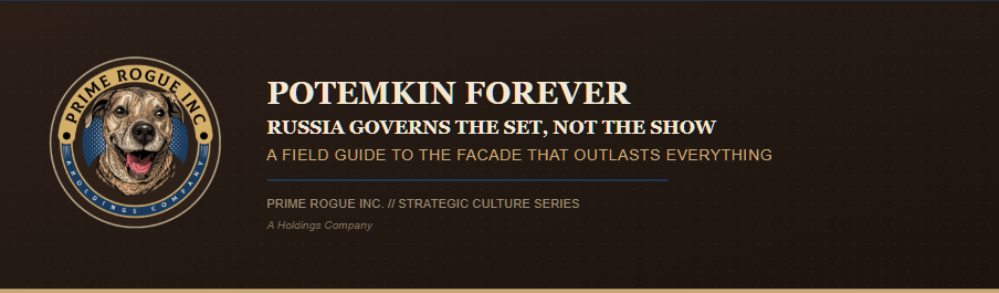Dark brown banner graphic for "Potemkin Forever: Russia Governs the Set, Not the Show," featuring the Prime Rogue Inc. circular logo โ a smiling brindle dog encircled by tan and navy bands reading "Prime Rogue Inc." and "A Holdings Company" โ beside the subtitle "A Field Guide to the Facade That Outlasts Everything" and the label "Prime Rogue Inc. // Strategic Culture Series."
