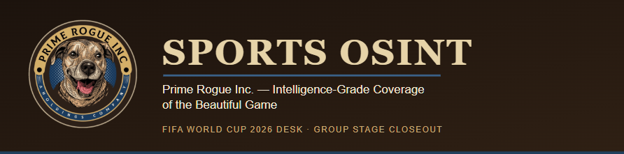 Prime Rogue Inc. Sports OSINT banner with circular dog logo, gold and navy on dark brown, reading 'Sports OSINT — Prime Rogue Inc.: Intelligence-Grade Coverage of the Beautiful Game