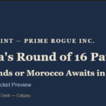 Dark navy banner for 'Canada's Round of 16 Path: Netherlands or Morocco Awaits in Houston,' featuring the Prime Rogue Inc. circular dog logo, the Canadian flag beside 'VS,' and the Dutch and Moroccan flags stacked together labeled 'NED / MAR