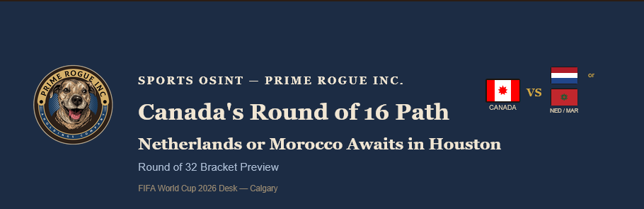 Dark navy banner for 'Canada's Round of 16 Path: Netherlands or Morocco Awaits in Houston,' featuring the Prime Rogue Inc. circular dog logo, the Canadian flag beside 'VS,' and the Dutch and Moroccan flags stacked together labeled 'NED / MAR