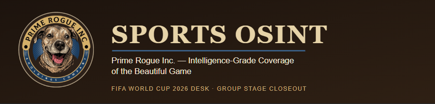 Prime Rogue Inc. Sports OSINT banner with circular dog logo, gold and navy on dark brown, reading 'Sports OSINT — Prime Rogue Inc.: Intelligence-Grade Coverage of the Beautiful Game