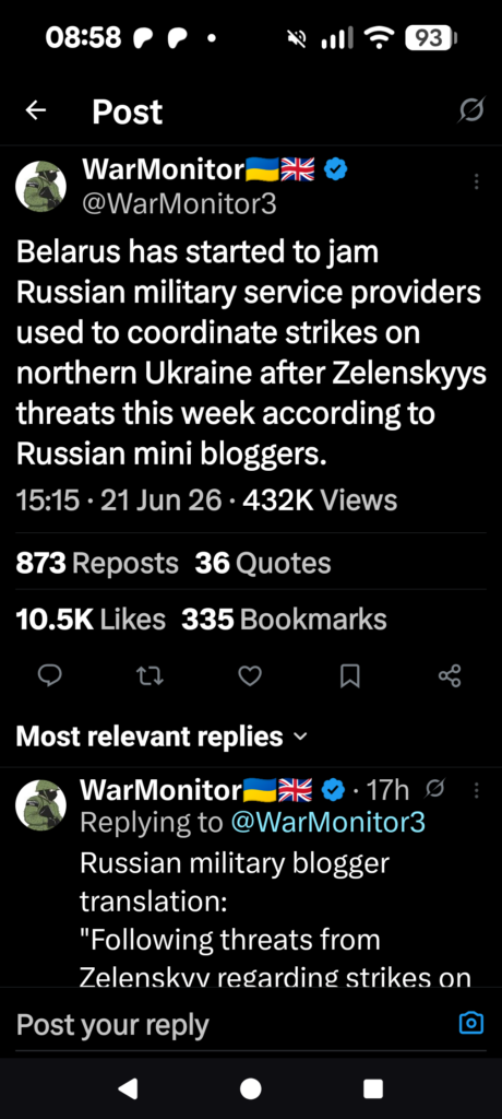 A tweet by X OSINT aggregator WarMonitor discussing the supposed Belarusian jamming of Russian drone relay stations.