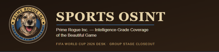 "Prime Rogue Inc. Sports OSINT banner with circular dog logo, gold and navy on dark brown, reading 'Sports OSINT — Prime Rogue Inc.: Intelligence-Grade Coverage of the Beautiful Game'"