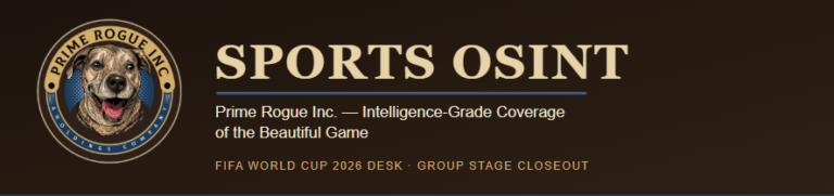 Prime Rogue Inc. Sports OSINT banner with circular dog logo, gold and navy on dark brown, reading 'Sports OSINT — Prime Rogue Inc.: Intelligence-Grade Coverage of the Beautiful Game