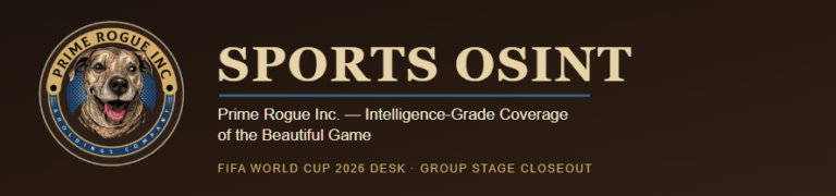 Prime Rogue Inc. Sports OSINT banner with circular dog logo, gold and navy on dark brown, reading 'Sports OSINT — Prime Rogue Inc.: Intelligence-Grade Coverage of the Beautiful Game