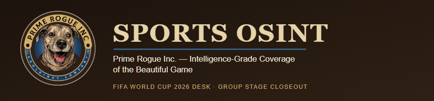 Prime Rogue Inc. Sports OSINT banner with circular dog logo, gold and navy on dark brown, reading 'Sports OSINT — Prime Rogue Inc.: Intelligence-Grade Coverage of the Beautiful Game