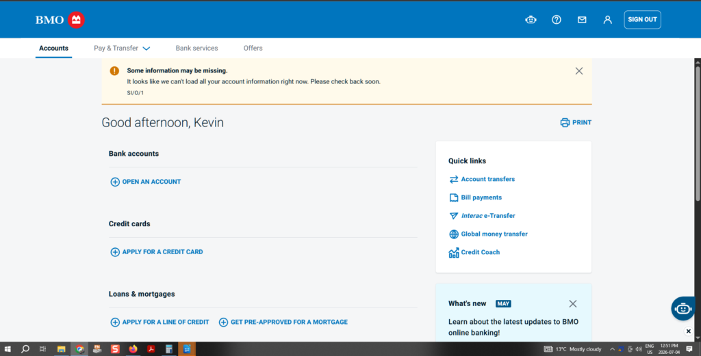 A view of the BMO online banking system from the customer perspective during the July 4, 2026 BMO Outage