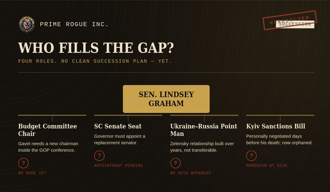 Diagram titled "Who Fills the Gap?" branching from Senator Graham's name to four unresolved roles: Budget Committee chairmanship, his South Carolina Senate seat, his position as Ukraine-Russia point man, and the Kyiv sanctions bill — each marked with a question mark and "unresolved" status.

