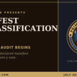 Series header for Manifest Declassification No. 1 from Prime Rogue Inc. Dark brown and navy design with gold double border. Text reads "Prime Rogue Presents: Manifest Declassification, No. 1 — The Audit Begins," with the tagline "The destiny was declared manifest. The paperwork gets a vote." The circular Prime Rogue Inc. badge, an illustrated smiling dog ringed in gold and navy, sits on the right above the words "Strategic Transparency." Footer reads primerogueinc.com, July 2026, Calgary, AB.