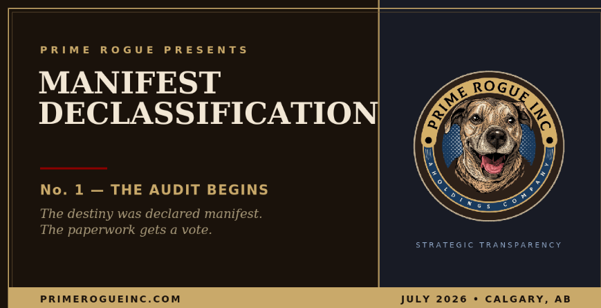 Series header for Manifest Declassification No. 1 from Prime Rogue Inc. Dark brown and navy design with gold double border. Text reads "Prime Rogue Presents: Manifest Declassification, No. 1 โ The Audit Begins," with the tagline "The destiny was declared manifest. The paperwork gets a vote." The circular Prime Rogue Inc. badge, an illustrated smiling dog ringed in gold and navy, sits on the right above the words "Strategic Transparency." Footer reads primerogueinc.com, July 2026, Calgary, AB.