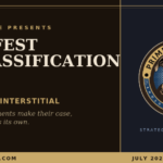 Series header for Manifest Declassification No. 2 from Prime Rogue Inc., dark design with gold border, reading "No. 2 — The Interstitial" with the tagline "Before the documents make their case, the pop-up makes its own," and the Prime Rogue dog badge.