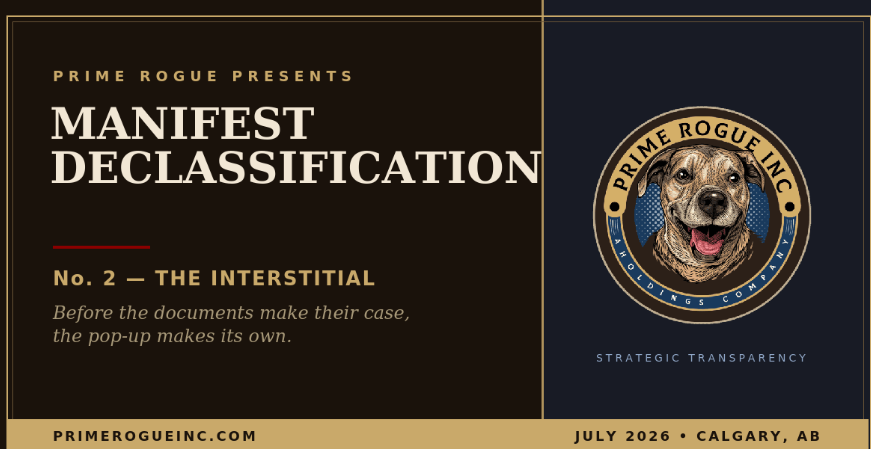 Series header for Manifest Declassification No. 2 from Prime Rogue Inc., dark design with gold border, reading "No. 2 โ The Interstitial" with the tagline "Before the documents make their case, the pop-up makes its own," and the Prime Rogue dog badge.