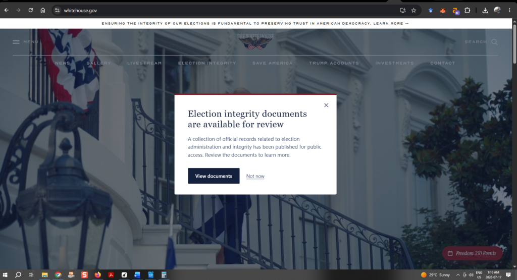 A screenshot of the election integrity internstitial on whitehouse.goc taken on July 16, 2026