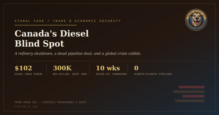 Canada's Diesel Blind Spot header graphic with the Prime Rogue Inc. logo, showing four statistics: $102 diesel crack spread, 300,000 barrels per day offline at Saint John, a 10-week Irving Oil turnaround, and zero pipelines connecting Alberta to Atlantic Canada.