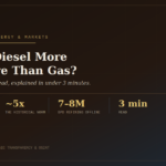 Explainer header graphic with the Prime Rogue Inc. logo, titled "Why Is Diesel More Expensive Than Gas? The 3-2-1 crack spread, explained in under 3 minutes," showing four stats: $102 crack spread per barrel, about 5 times the historical norm, 7 to 8 million barrels per day of refining offline, and a 3 minute read time.