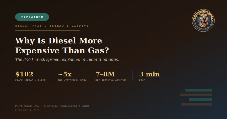 Explainer header graphic with the Prime Rogue Inc. logo, titled "Why Is Diesel More Expensive Than Gas? The 3-2-1 crack spread, explained in under 3 minutes," showing four stats: $102 crack spread per barrel, about 5 times the historical norm, 7 to 8 million barrels per day of refining offline, and a 3 minute read time.