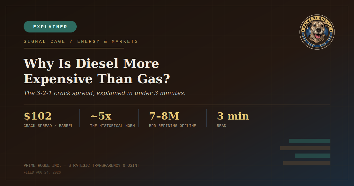 Explainer header graphic with the Prime Rogue Inc. logo, titled "Why Is Diesel More Expensive Than Gas? The 3-2-1 crack spread, explained in under 3 minutes," showing four stats: 2 crack spread per barrel, about 5 times the historical norm, 7 to 8 million barrels per day of refining offline, and a 3 minute read time.