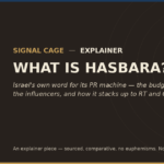 Signal Cage explainer header for "What Is Hasbara?" — Israel's public diplomacy budget, influencer network, and comparison to RT, CGTN, and USAGM
