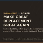 Prime Rogue Inc / Signal Cage opinion header for "Make Great Replacement Great Again" — a piece on Tucker Carlson, Ben Shapiro, and selective demographic outrage over Israel and Gaza