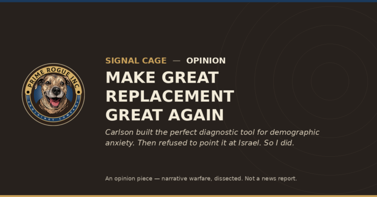 Prime Rogue Inc / Signal Cage opinion header for "Make Great Replacement Great Again" — a piece on Tucker Carlson, Ben Shapiro, and selective demographic outrage over Israel and Gaza