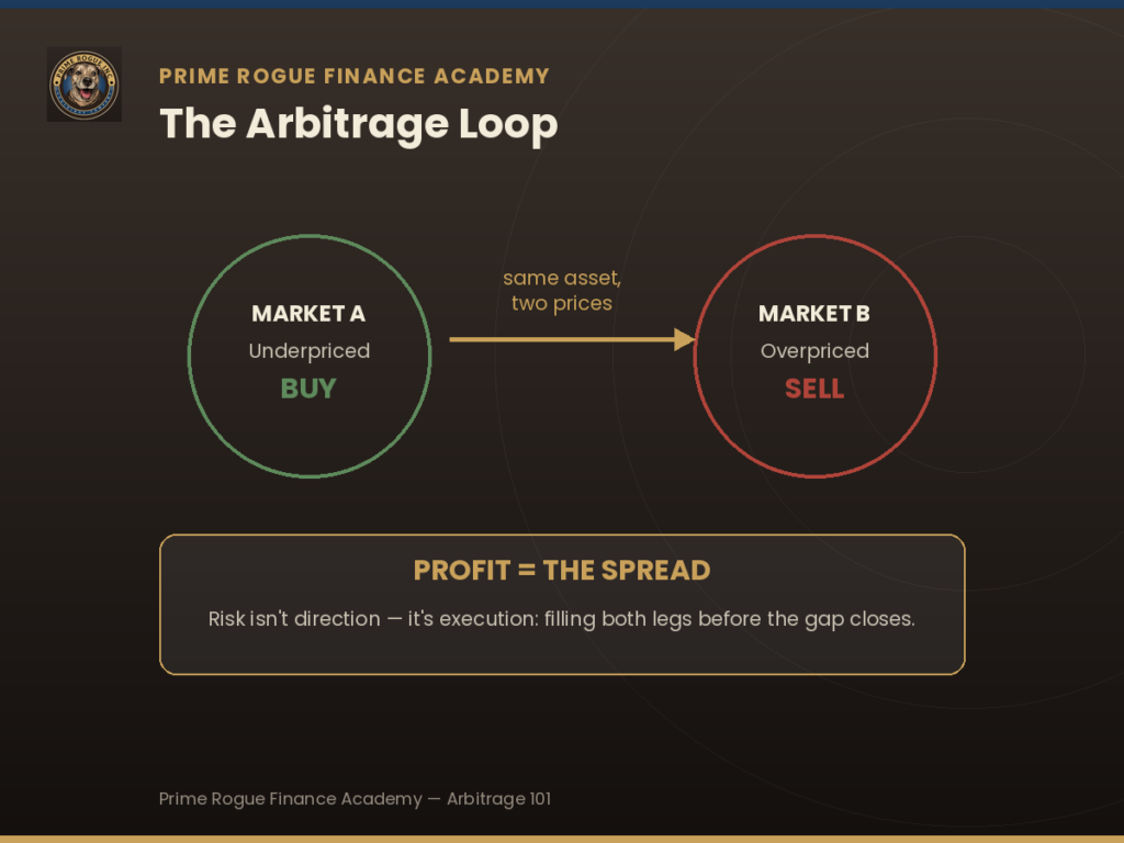 Diagram showing arbitrage as buying an underpriced asset in Market A and selling the same asset overpriced in Market B, with profit equal to the spread
