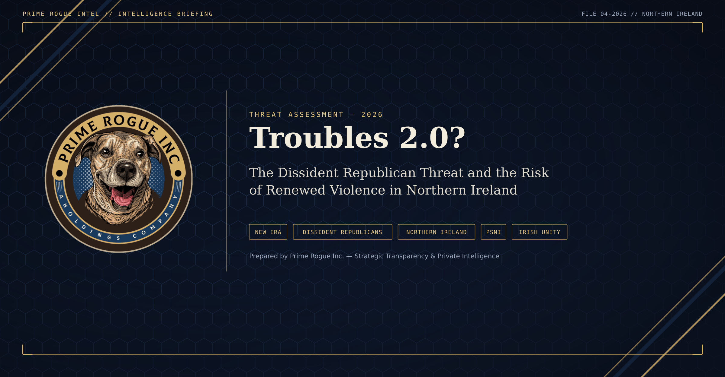 Prime Rogue Inc. intelligence briefing header for 'Troubles 2.0?' featuring the Prime Rogue dog logo badge on a navy and gold background with hexagon pattern, showing the title, subtitle on the dissident republican threat in Northern Ireland, and topic tags including New IRA, Dissident Republicans, Northern Ireland, PSNI, and Irish Unity.