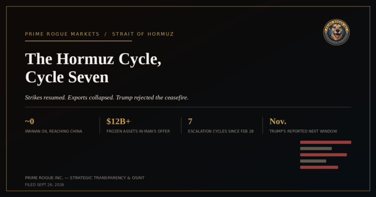 Featured header graphic for "The Hormuz Cycle, Cycle Seven" by Prime Rogue Inc., labeled Prime Rogue Markets / Strait of Hormuz, with the subheading "Strikes resumed. Exports collapsed. Trump rejected the ceasefire." and four statistics: near-zero Iranian crude reaching China, over $12 billion in frozen assets offered in Iran's plan, seven escalation cycles since February 28, and November (the US midterms) as Trump's reported next window for renewed strikes. The Prime Rogue Inc. circular dog logo appears in the top right corner.