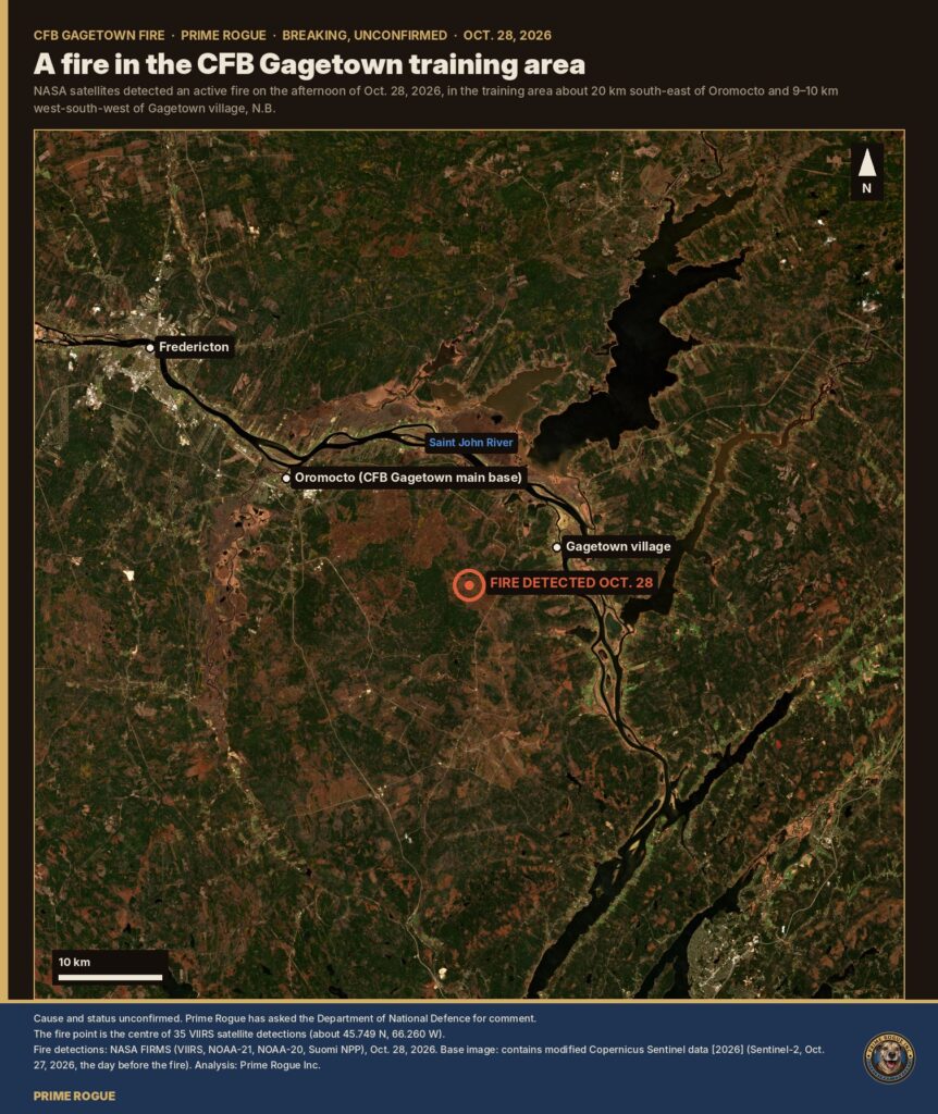 Satellite map of the lower Saint John River valley showing Fredericton, Oromocto and Gagetown village, with the Oct. 28, 2026 fire marked in the CFB Gagetown training area