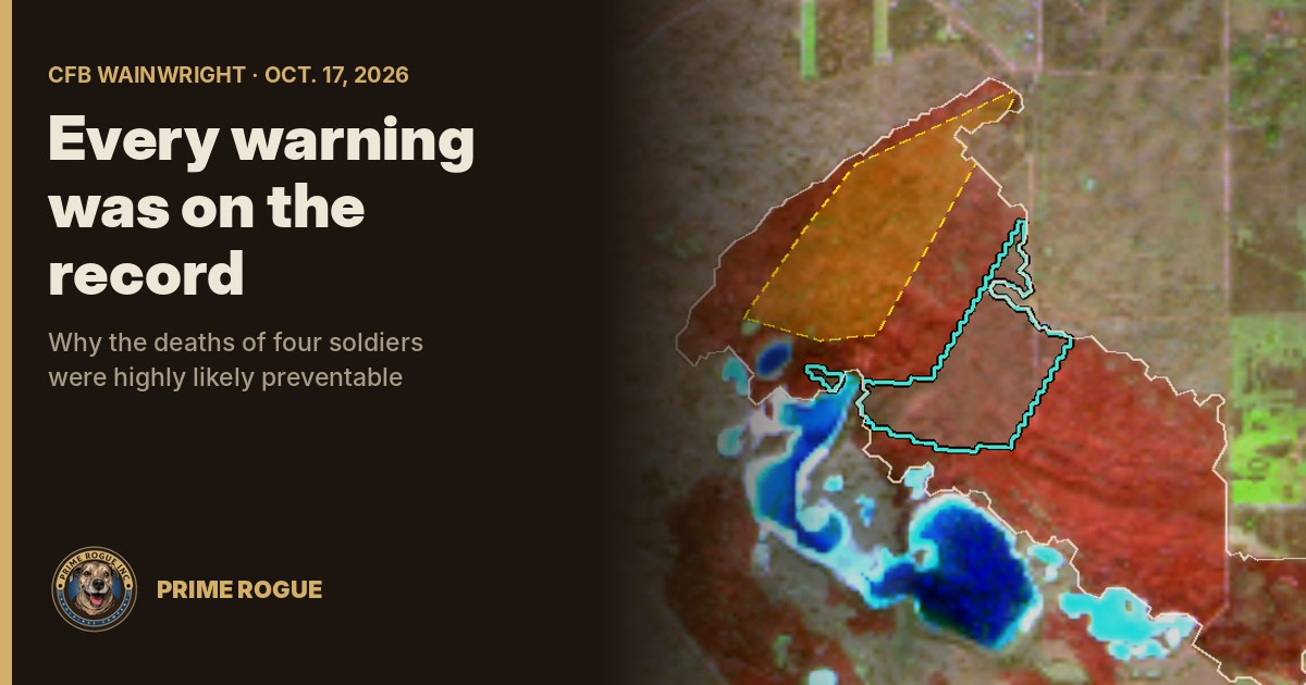 A satellite image of the burn scar at CFB Wainwright, with the fire before 3:16 p.m. outlined in yellow and the most likely area of the overrun outlined in teal, beside the title "Every warning was on the record."