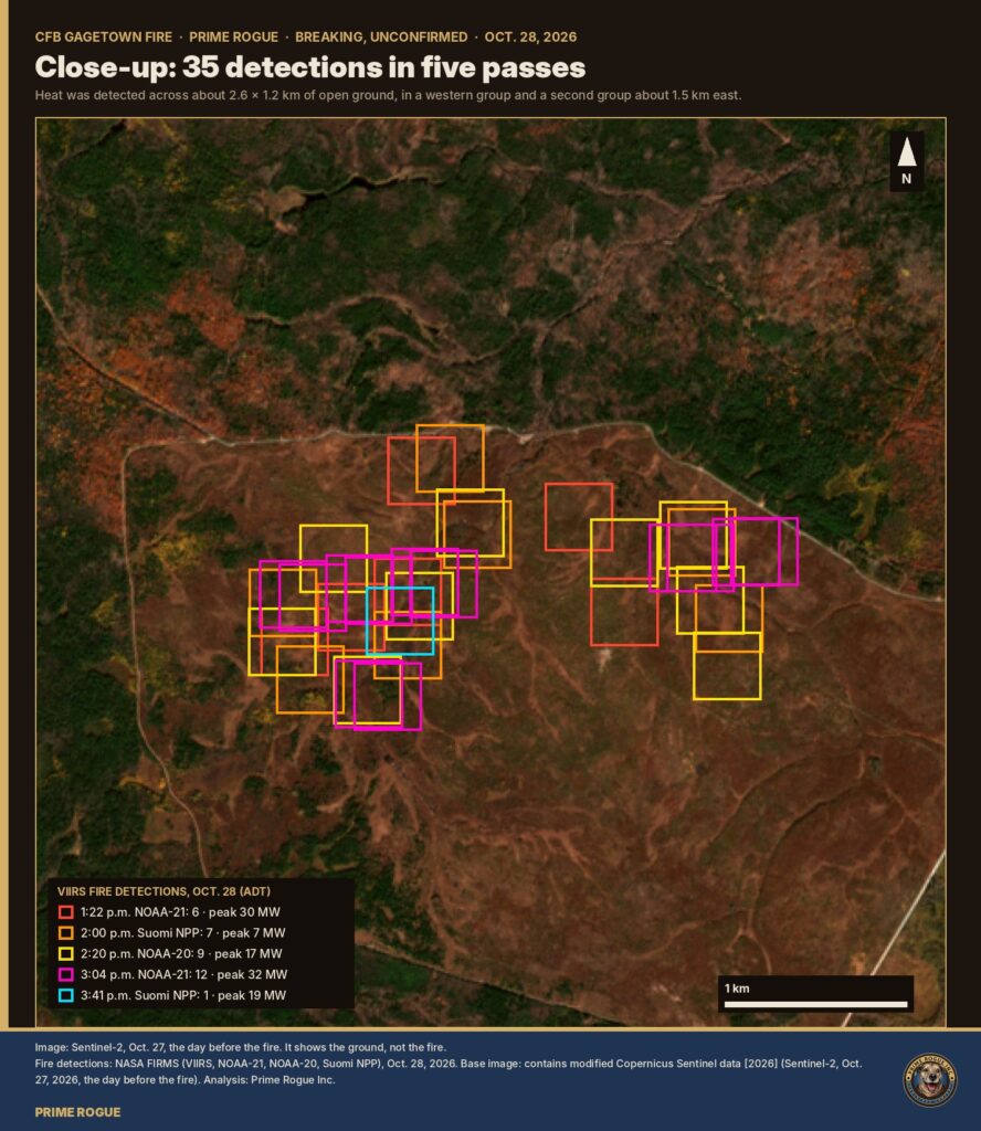 Satellite map of the CFB Gagetown training area with VIIRS fire detections of Oct. 28, 2026 clustered in a large open clearing west-south-west of Gagetown village