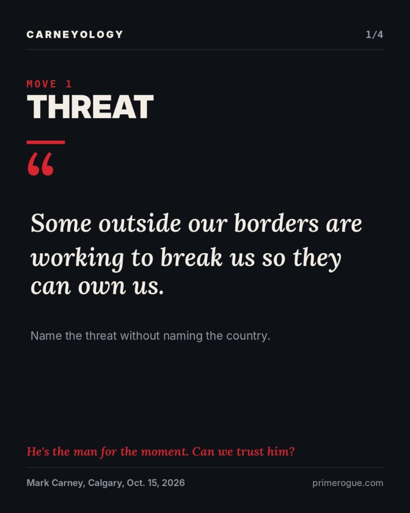 Quote card, Move 1: Threat. Mark Carney: “Some outside our borders are working to break us so they can own us.” Note: name the threat without naming the country.